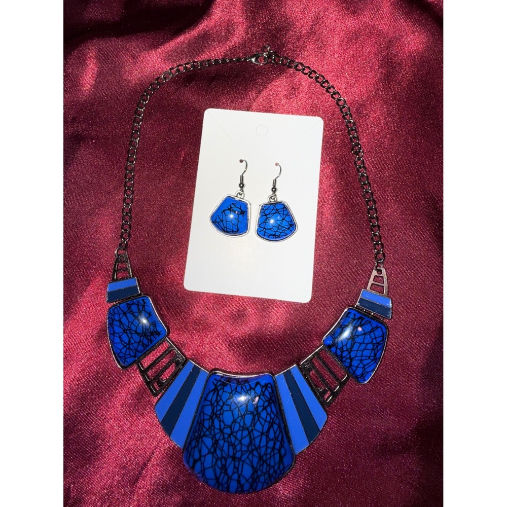 Blue Statement Necklace and Earring‎ Set Crackle Pattern Geometric Bib Jewelry